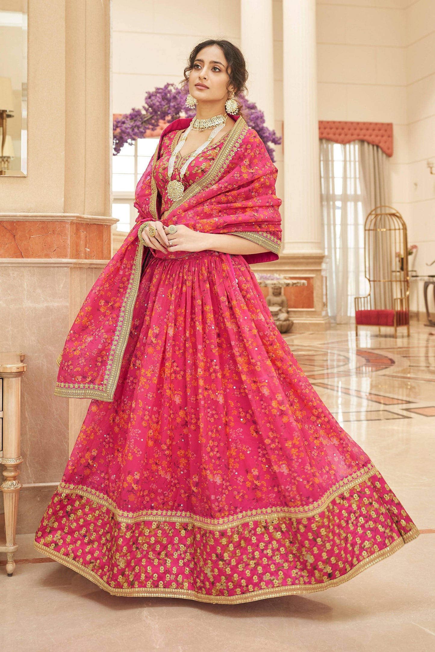 party wear organza Pink lehenga