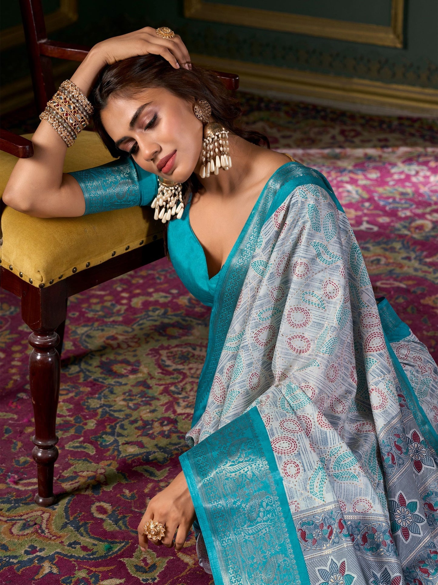 Sky color dola silk foil printed saree for women online