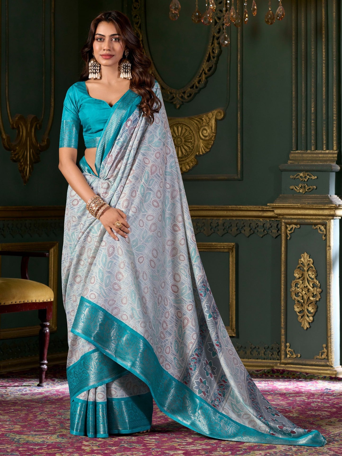 Sky color dola silk foil printed saree for women price