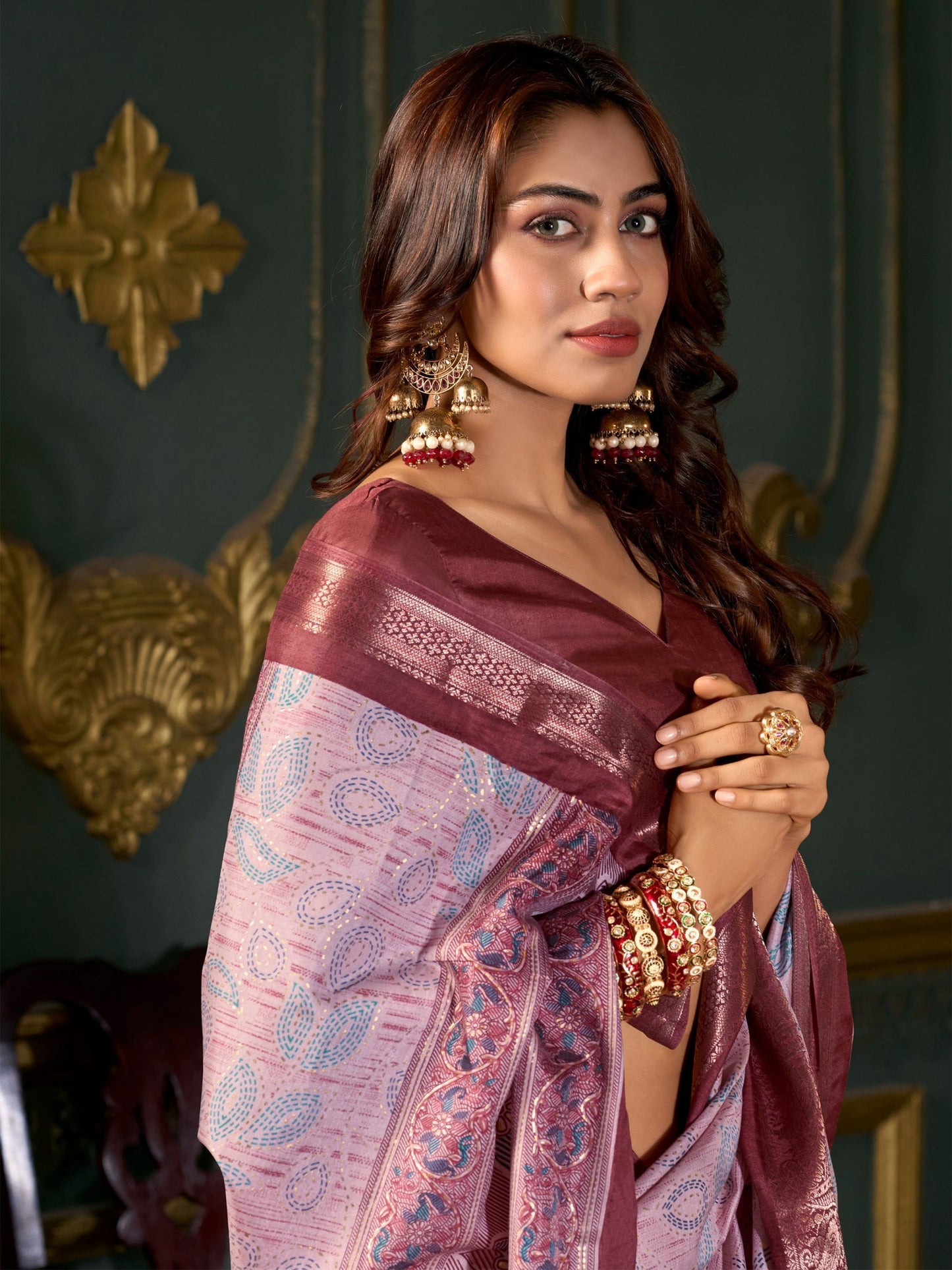 Maroon color dola silk foil printed saree for women online shopping