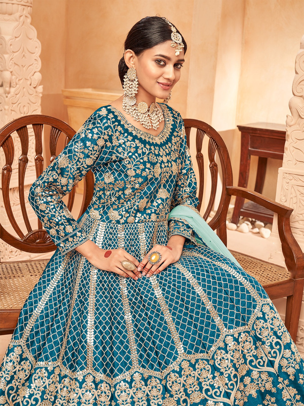 Rama color Heavy Anarkali suits for wedding