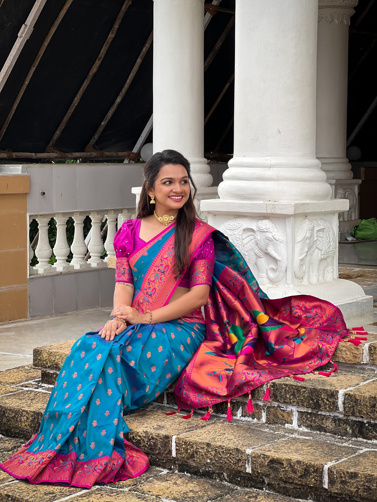 Teal blue color paithani silk saree for wedding