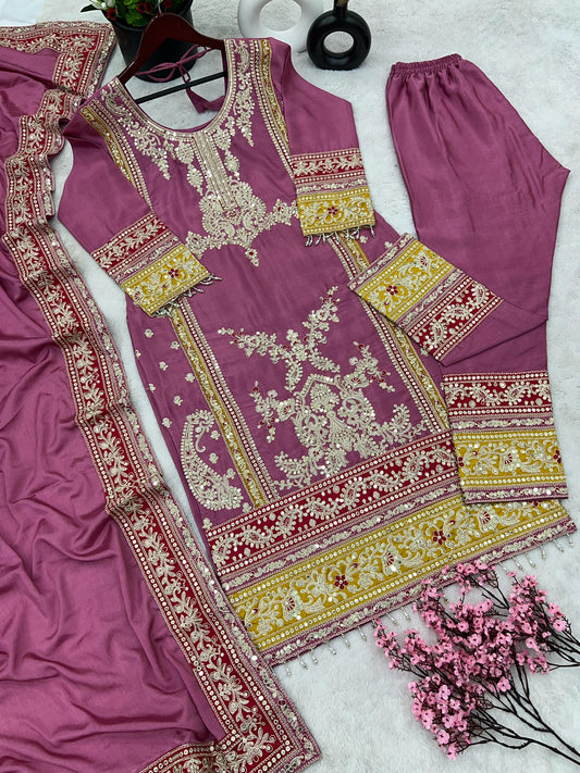 Pink color georgette chinon silk plazzo suit for wedding