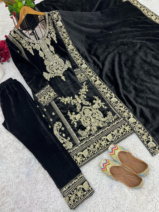 Black color viscose velvet salwar kameez for wedding