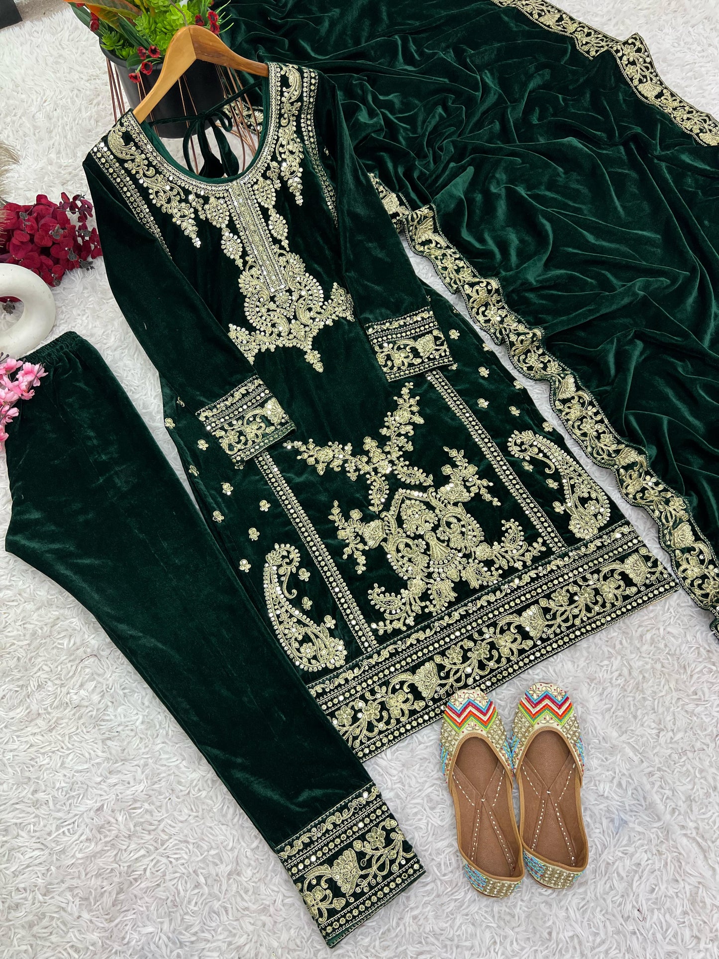 Black color viscose velvet salwar kameez with dupatta online