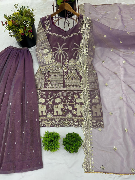 Onion color twill net sharara suit for wedding