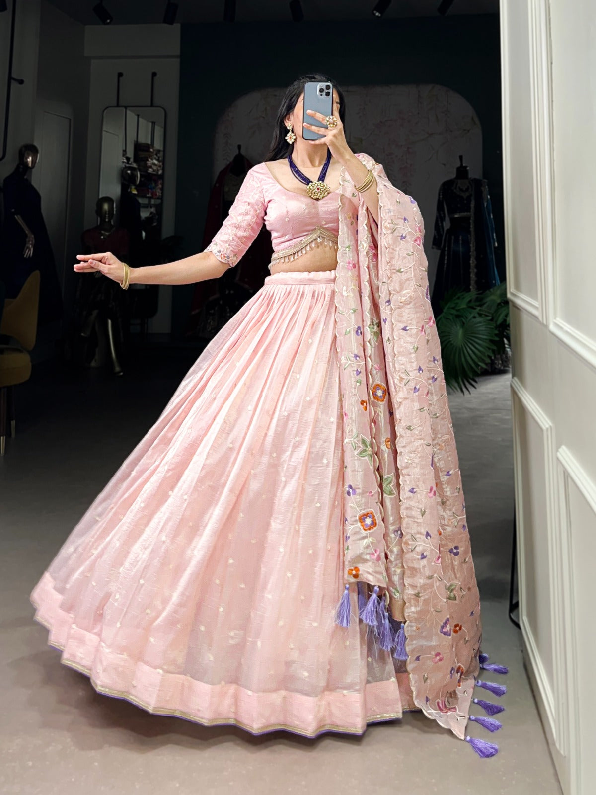 Light pink color gold crush lehenga choli for wedding