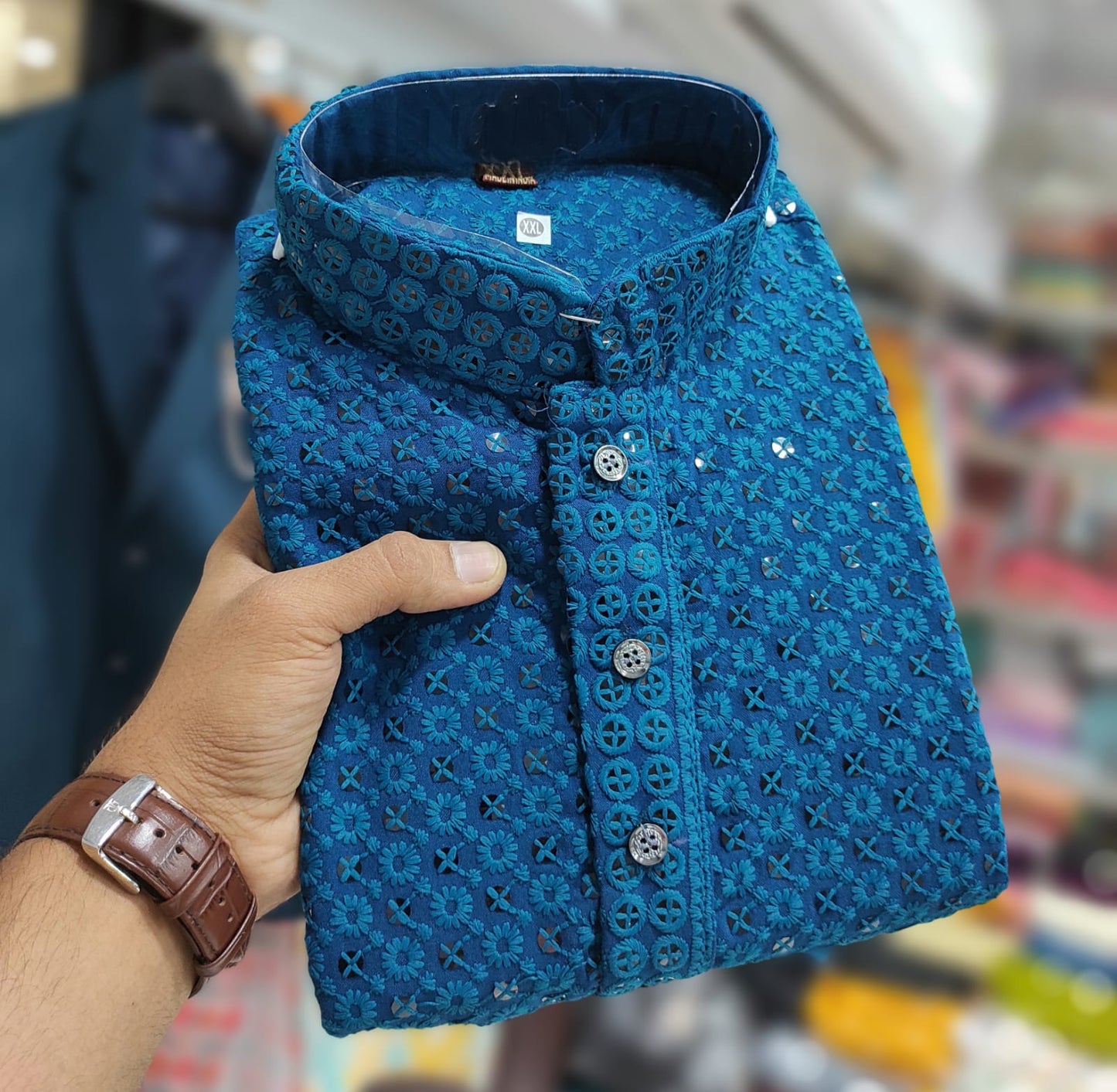 Indian Mens Lucknowi Sequence Work Designer Kurta Pyjama