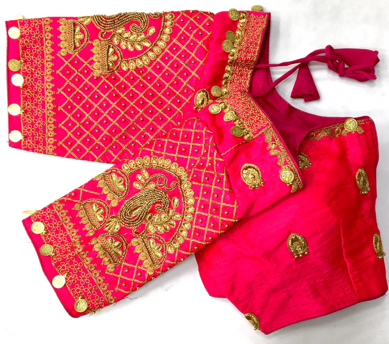 Pink color silk codding work sarees blouse online shopping