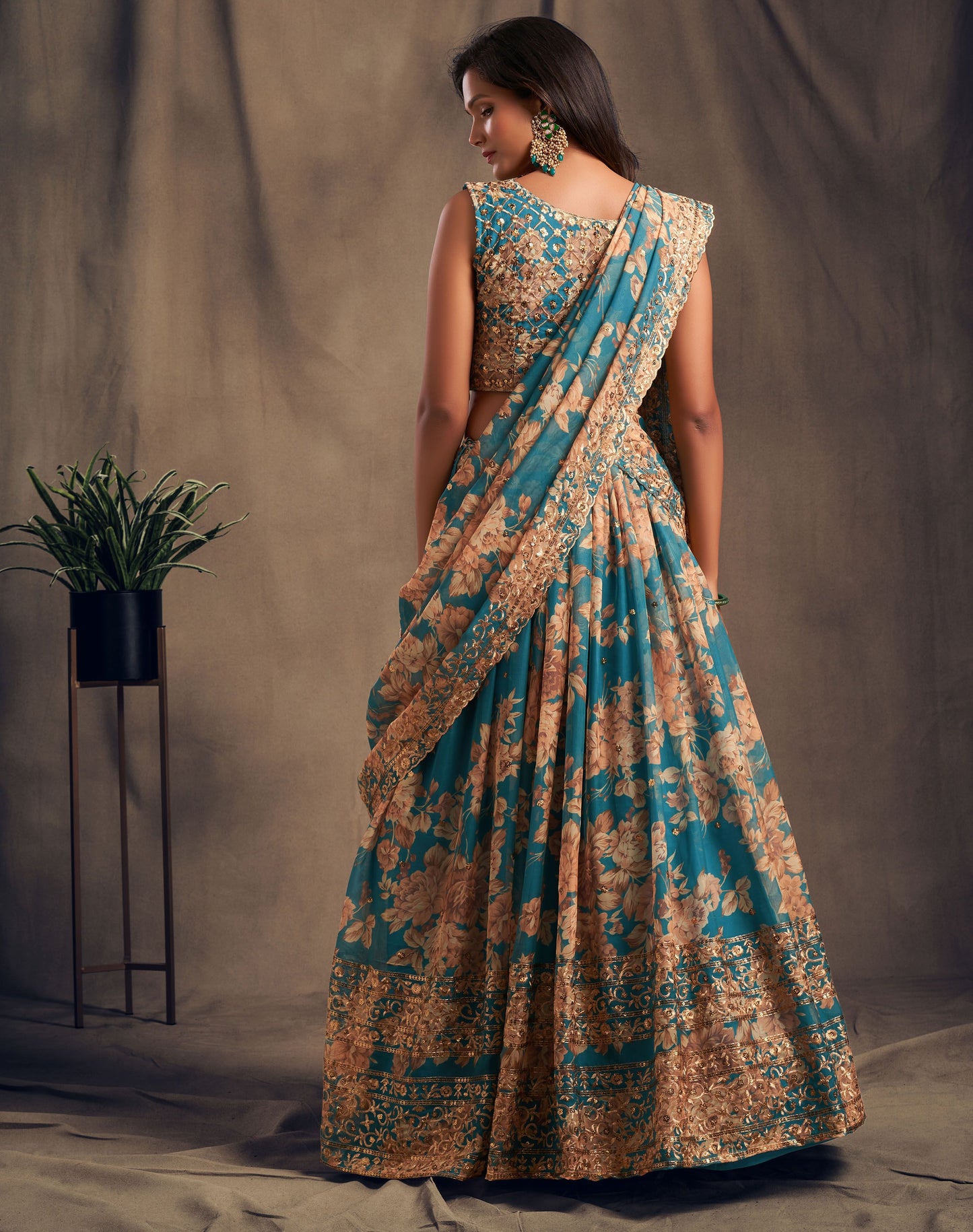 Teal blue organza lehenga choli for wedding