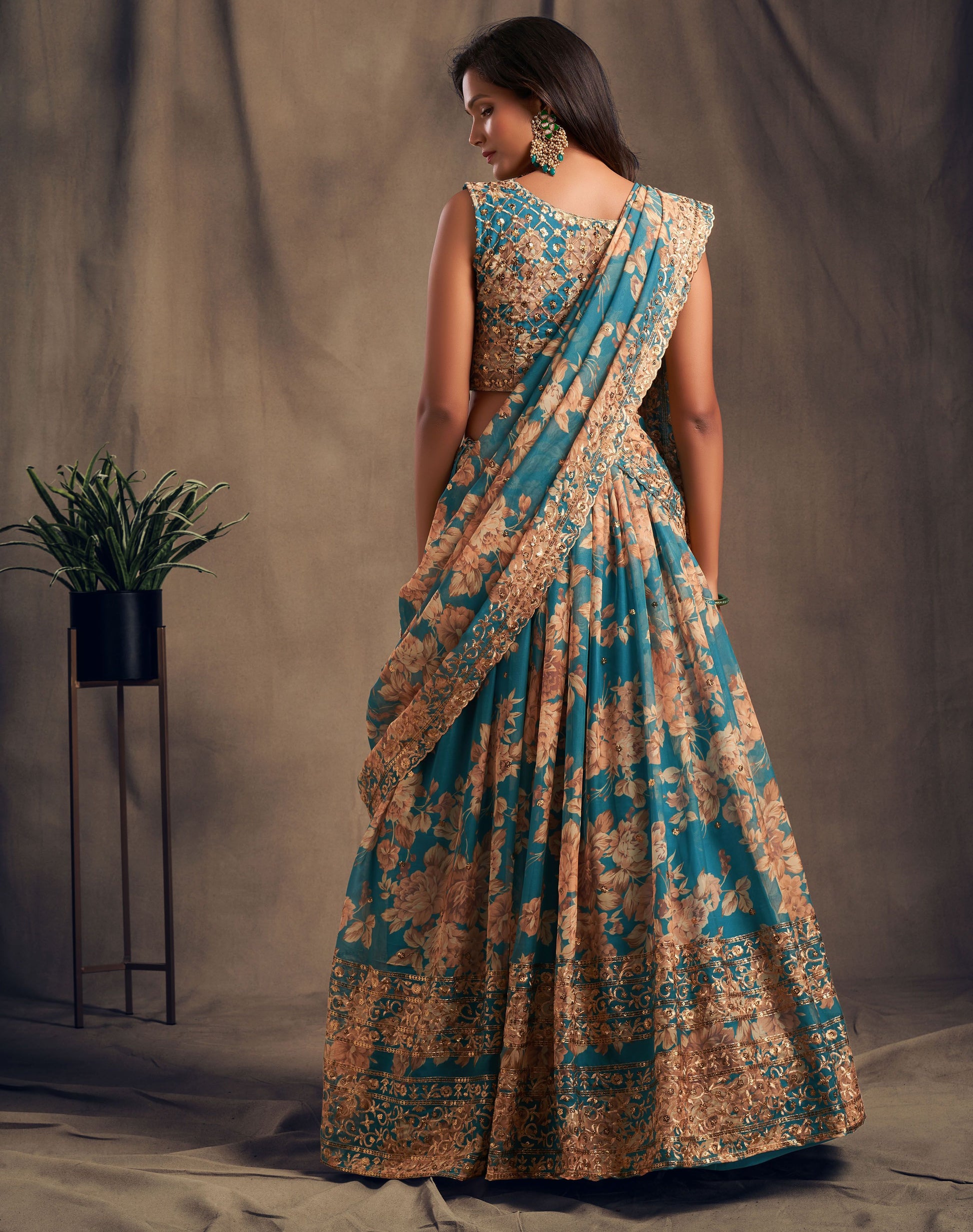 Teal blue organza lehenga choli for wedding