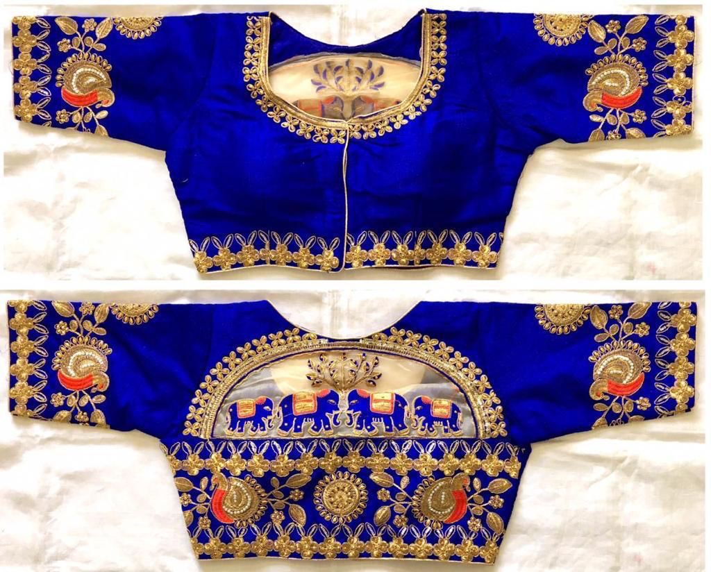 Blue color malbari silk embroidery work blouse images