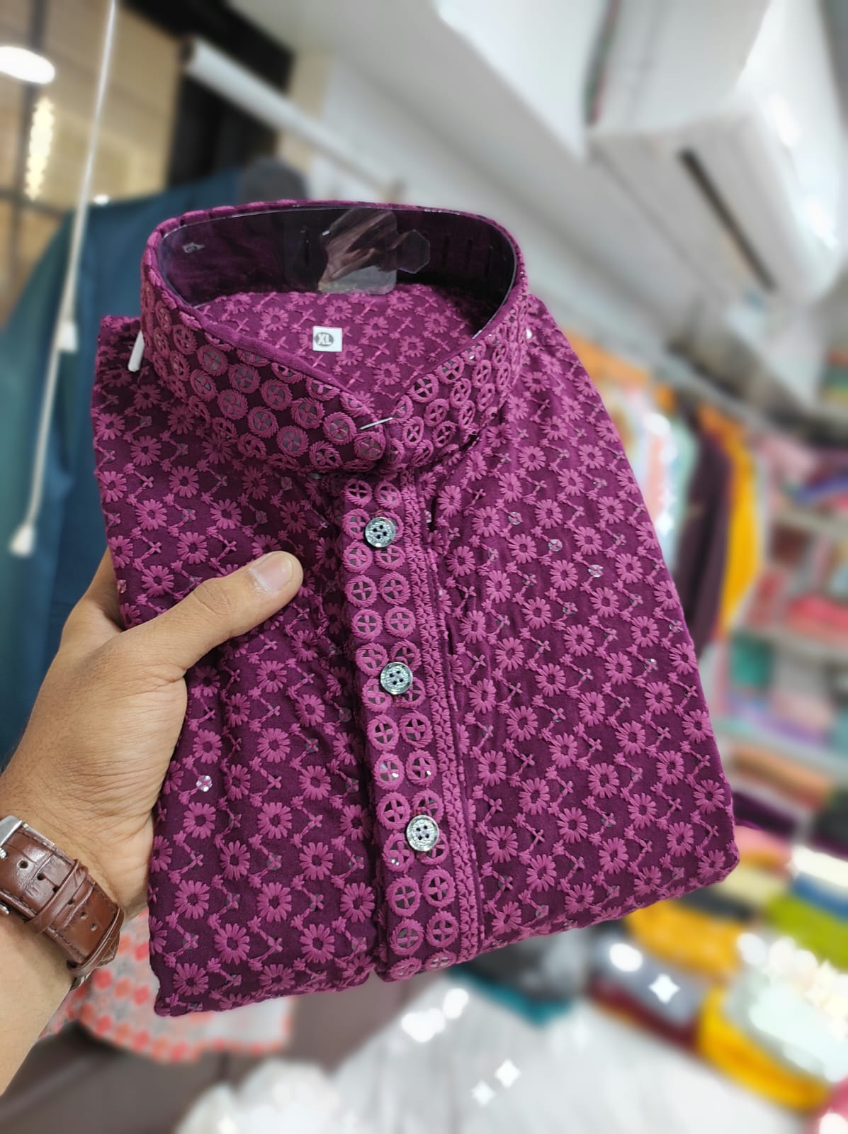 Indian Mens Lucknowi Sequence Work Designer Kurta Pyjama