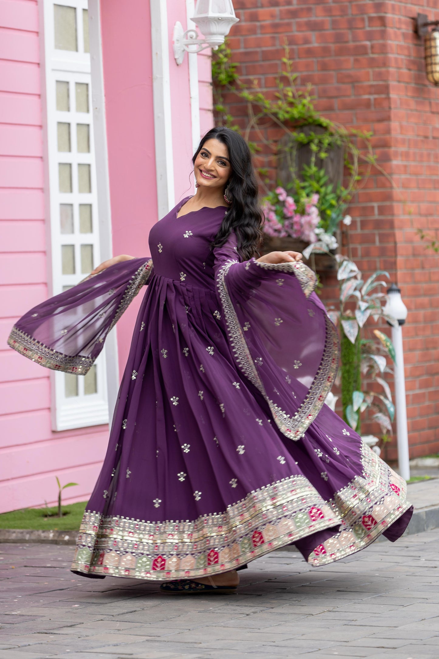 Purple color georgette long gown with dupatta price
