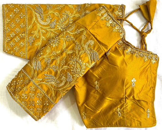 Yellow color banarasi silk khatli work blouse for women