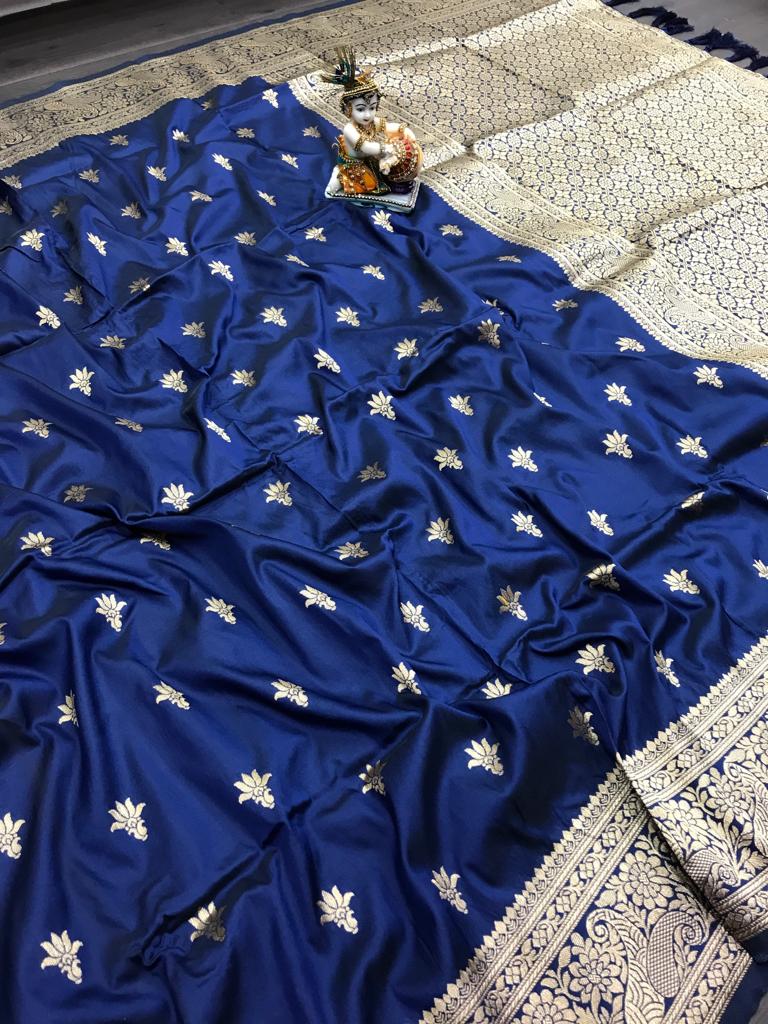 Blue color lichi silk saree with blouse online