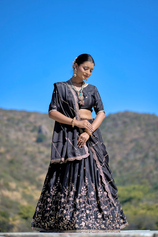 Black color chinon lehenga choli for women