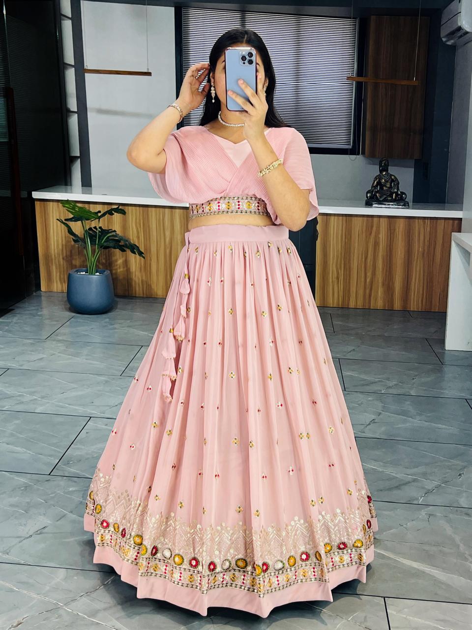 Alluring Peach Color Georgette Crop Top Lehenga Choli for Party