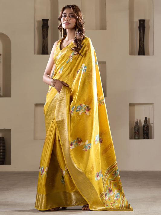 Yellow dola silk printed saree for women online