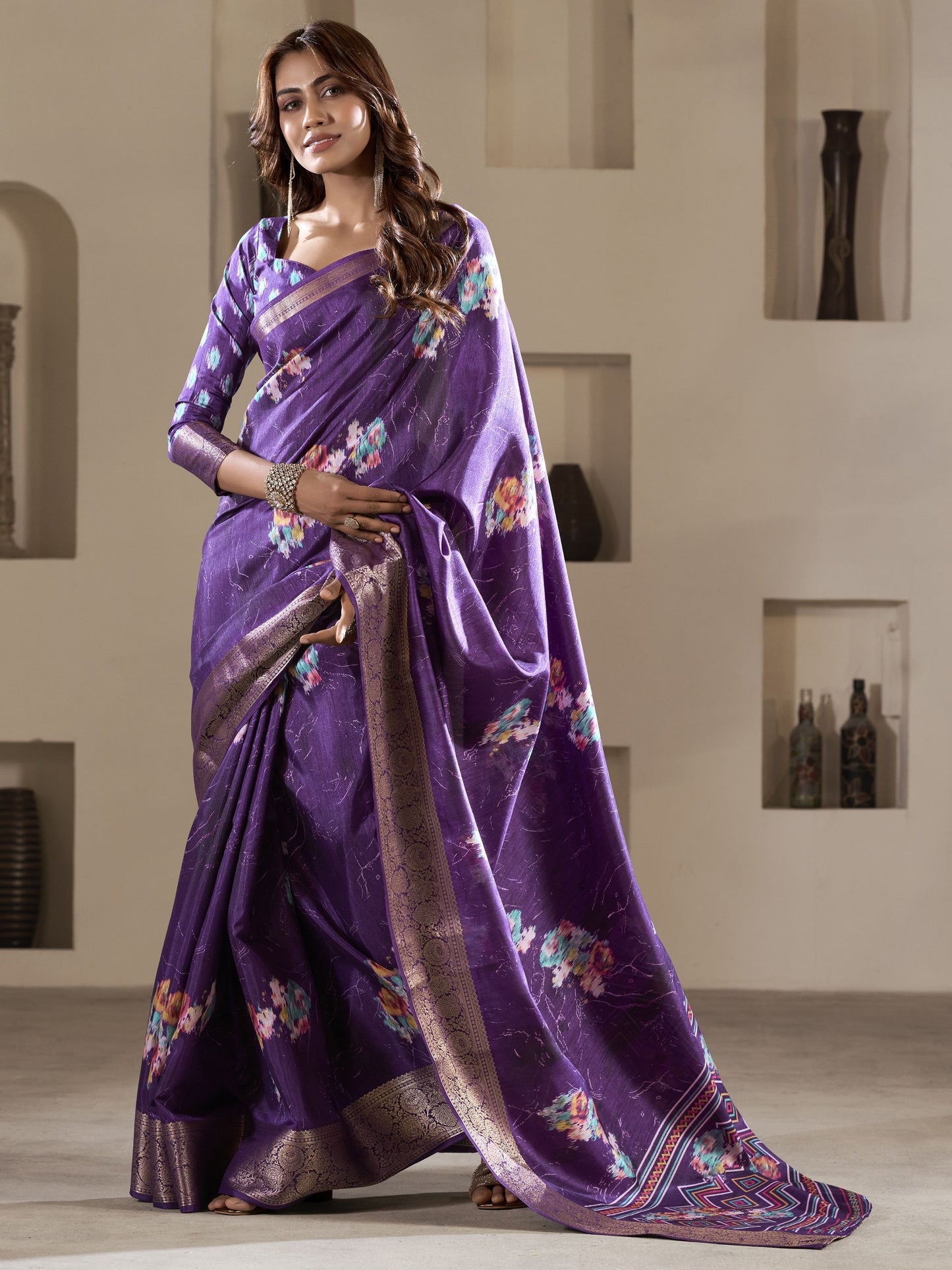 Purple dola silk printed saree for women price