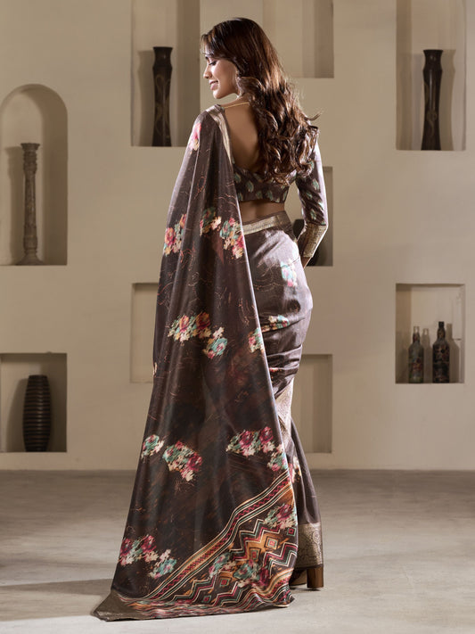 Brown dola silk printed saree for women