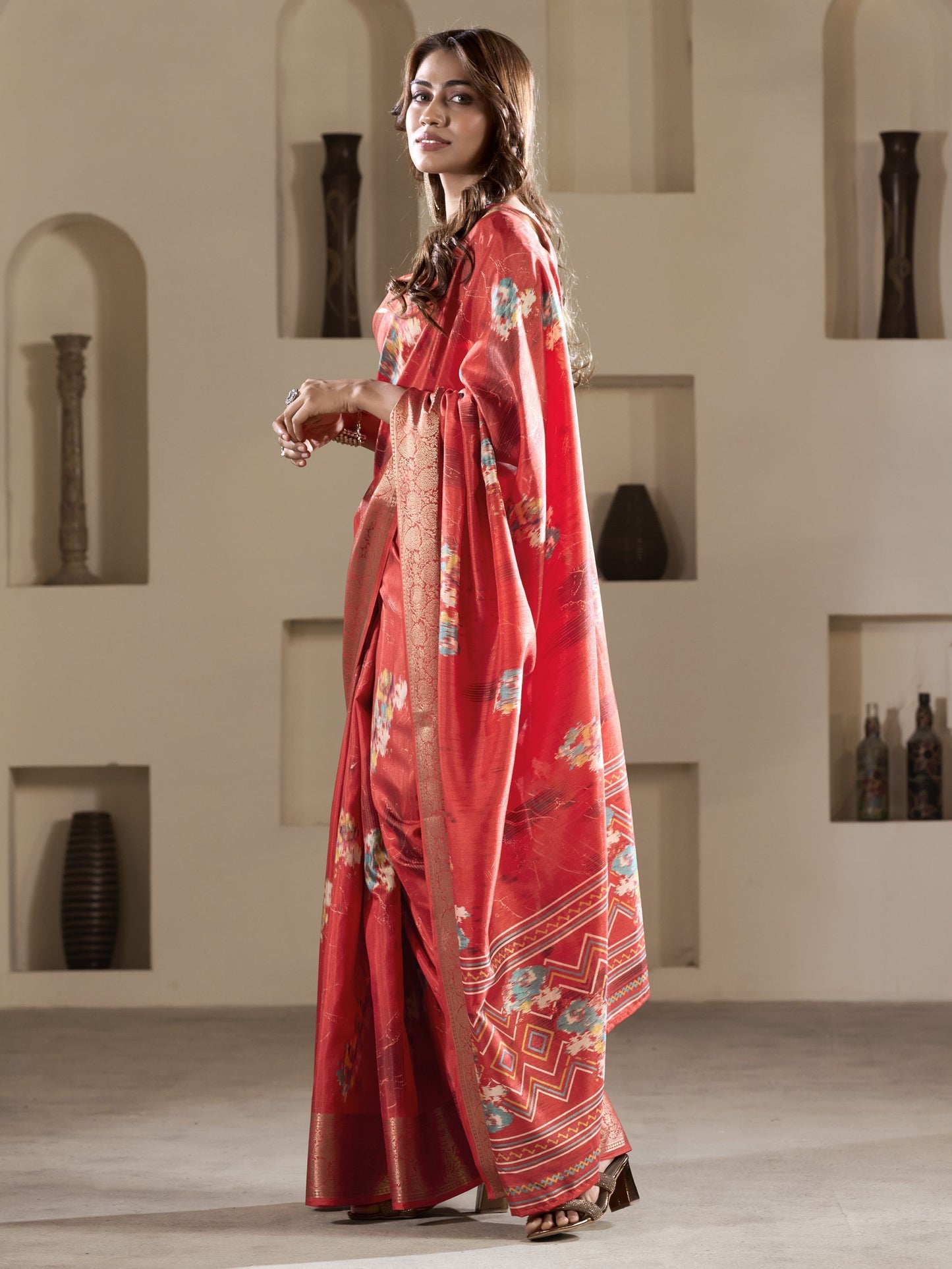 Plain brown dola silk printed saree for women