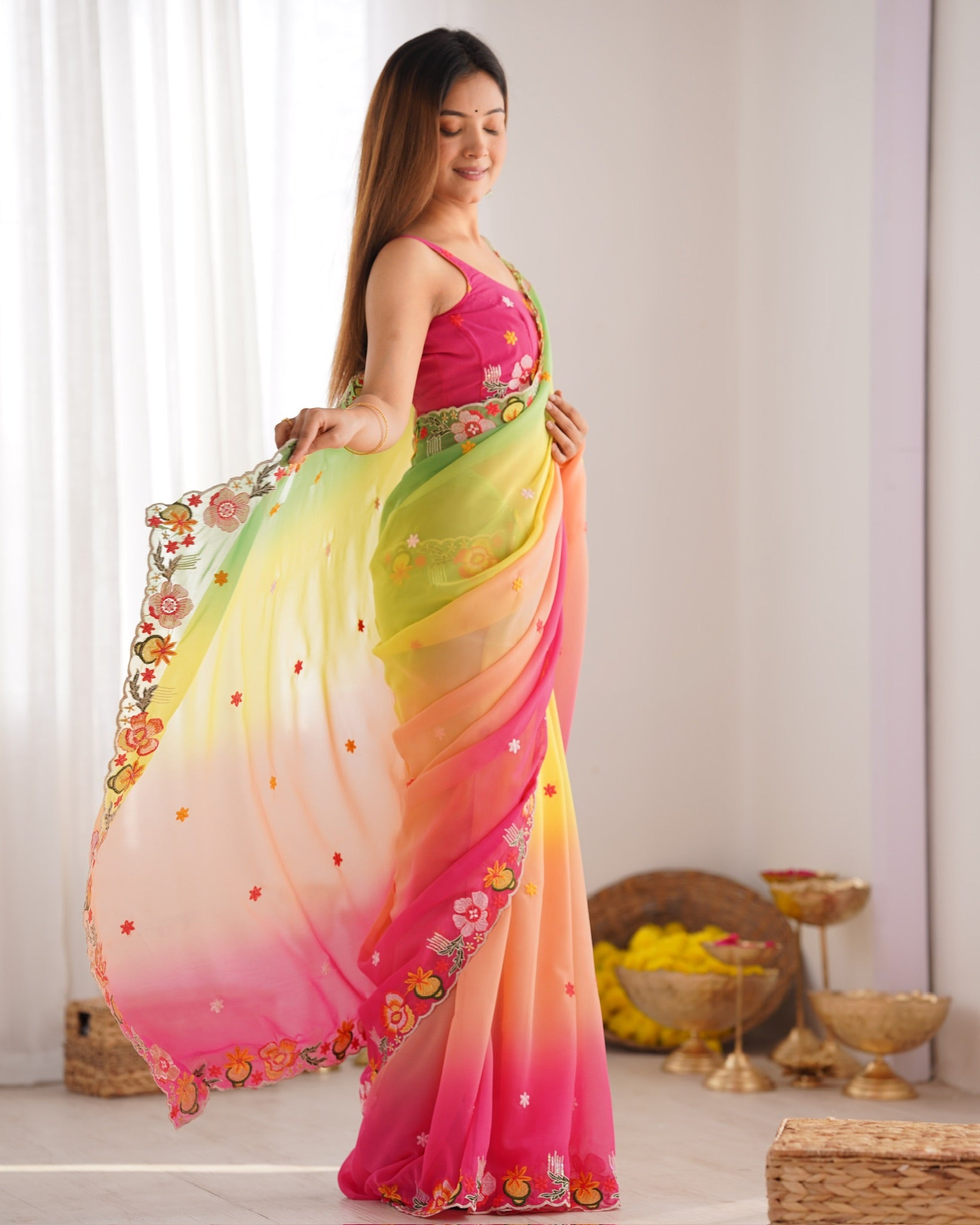 Green color georgette saree for party