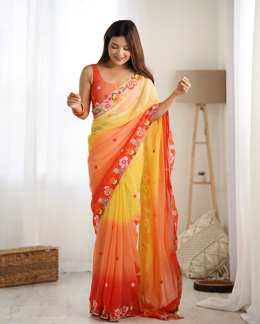 Yellow color georgette saree for wedding