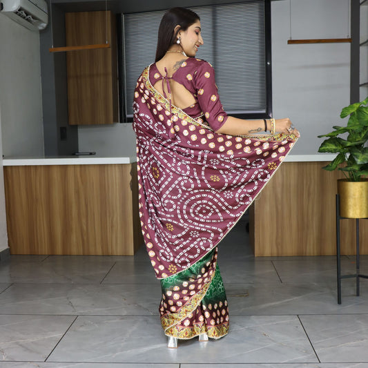 Green japan satin floral printed saree for wedding