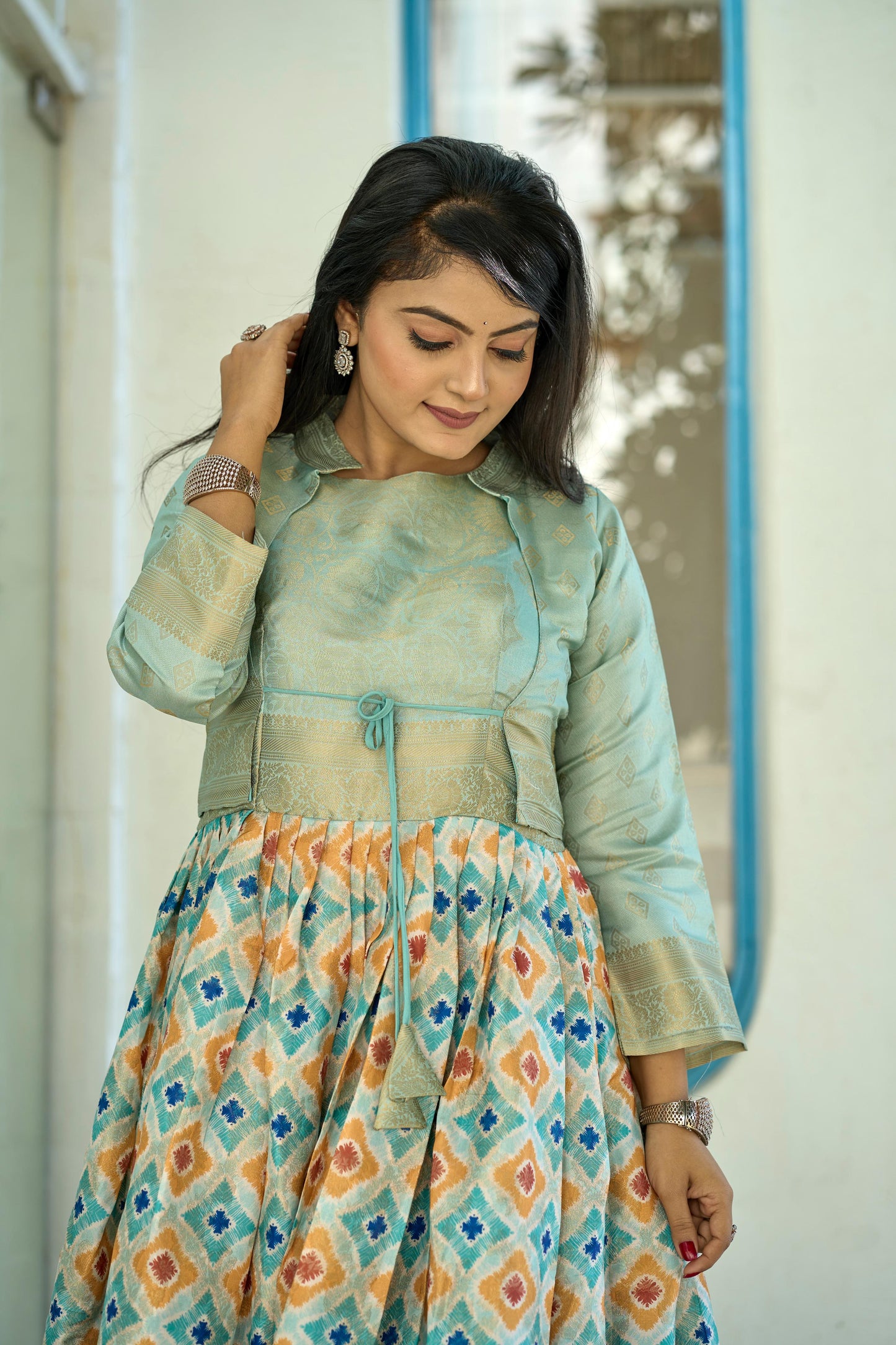 Firozi color soft silk long gown with koti images