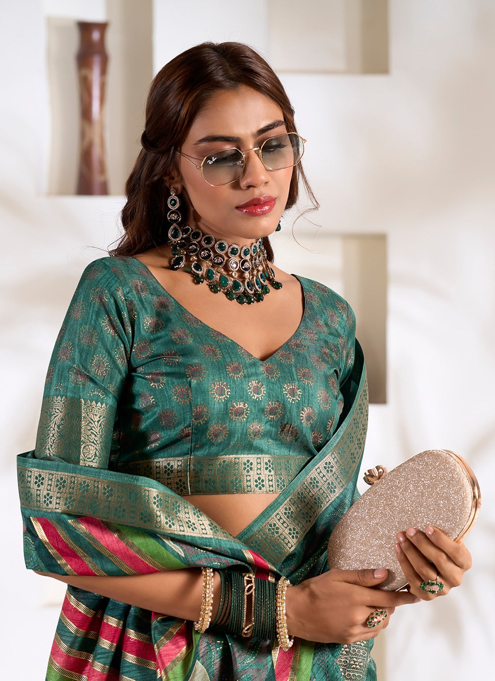 Green color dola silk saree for women online