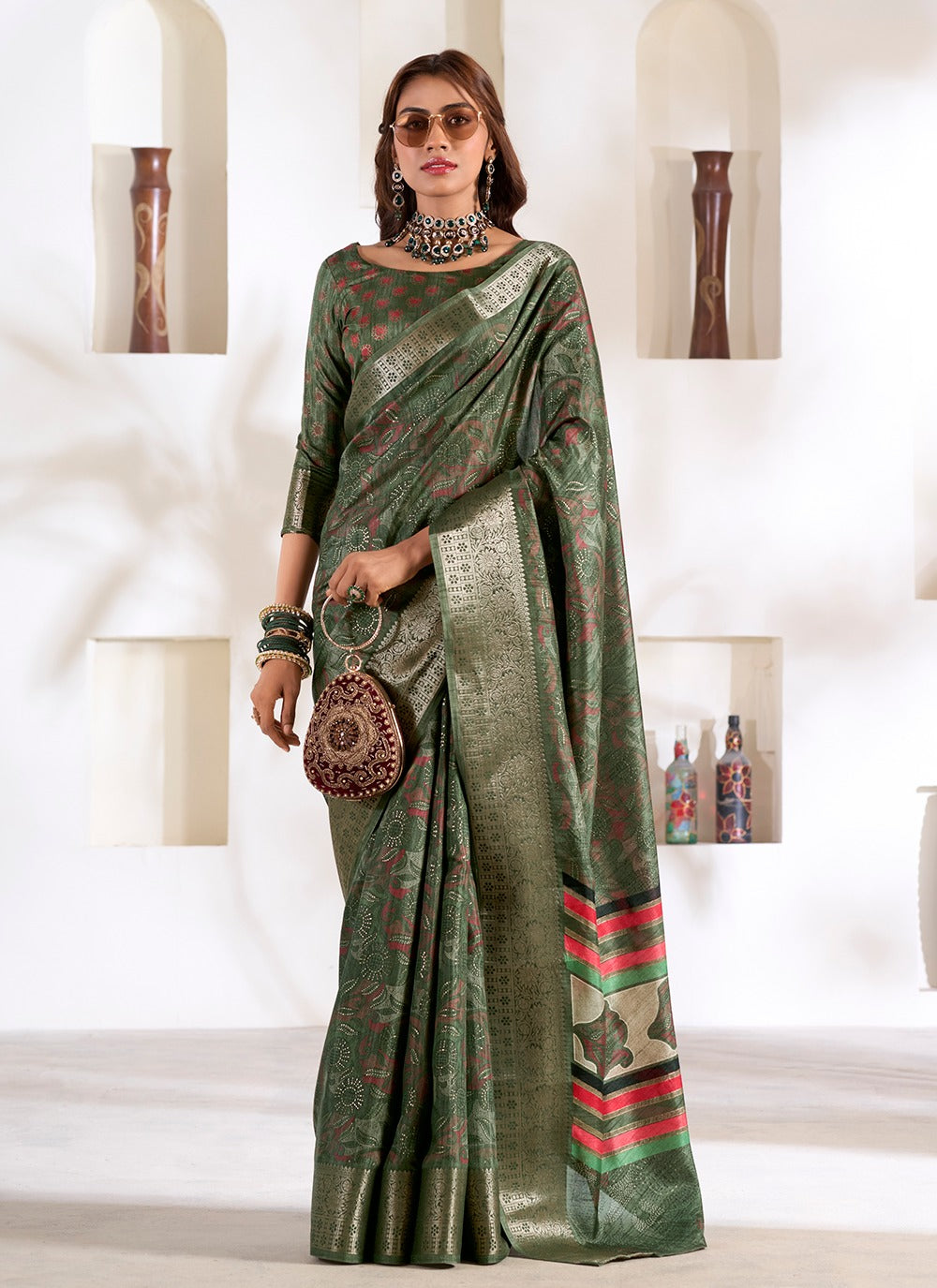 Green dola silk saree for women price