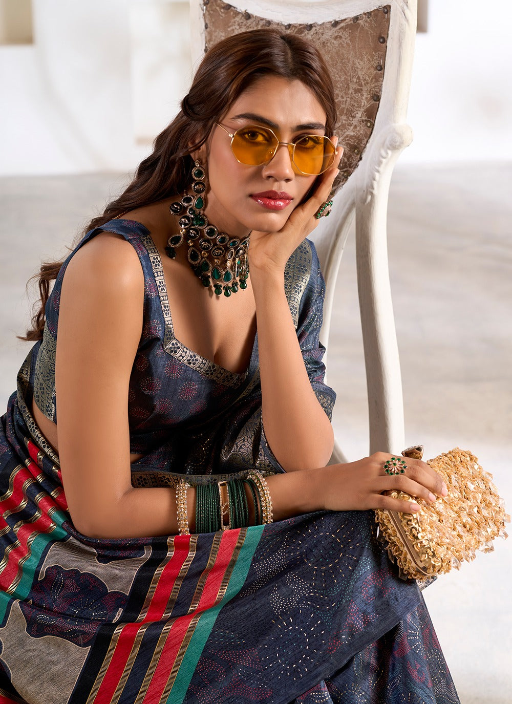 Navy blue dola silk saree for women online