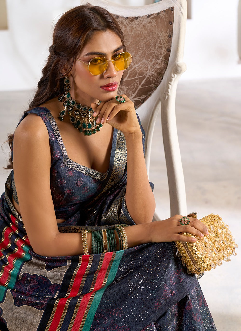 Navy blue dola silk saree for women