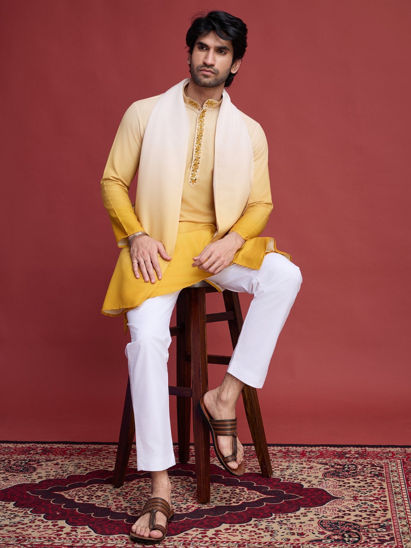 Yellow color rayon kurta with dupatta set images