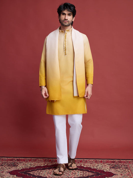 Yellow color rayon kurta pajama set for men's