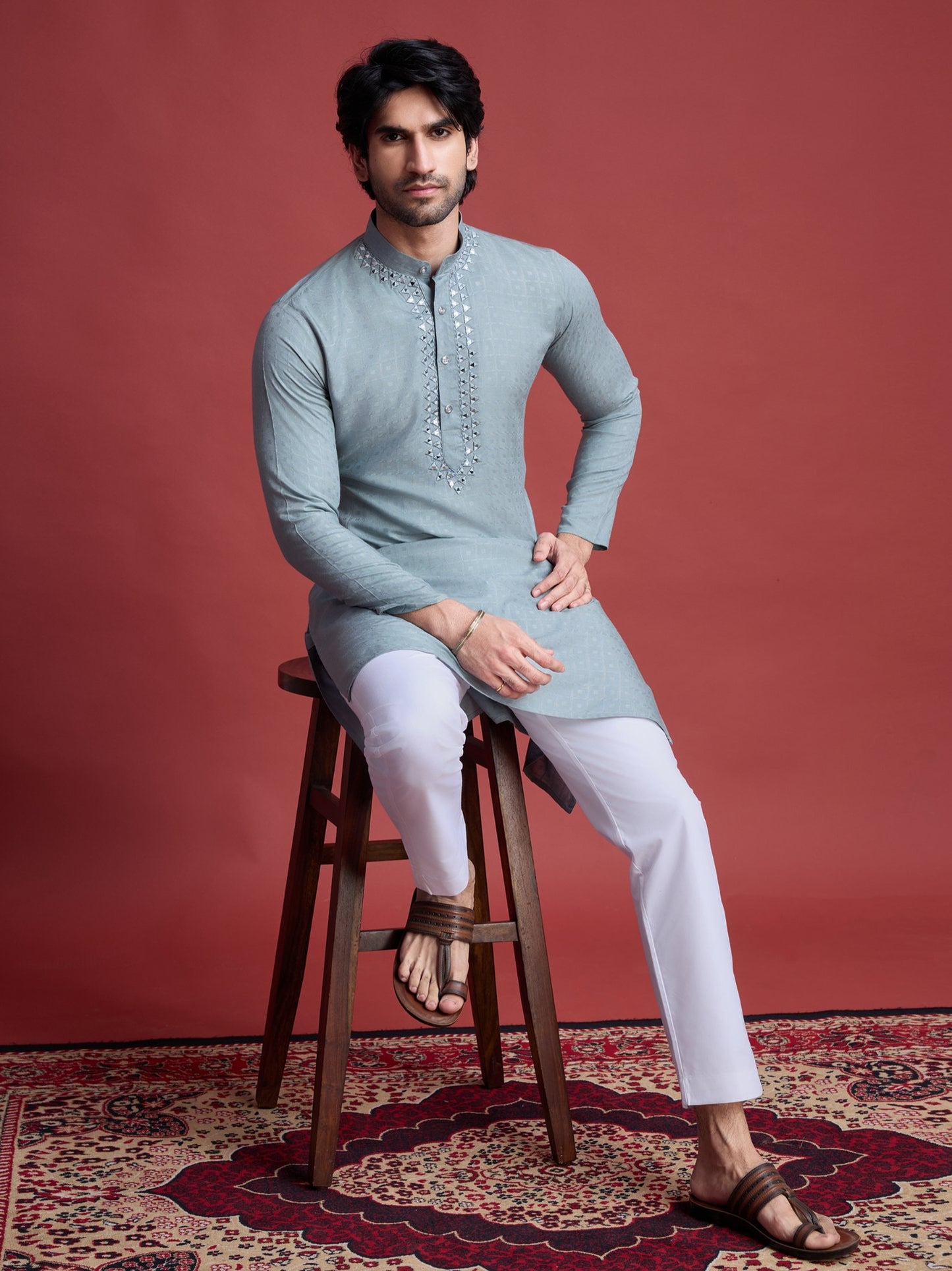 Pista color viscose mirror work kurta images