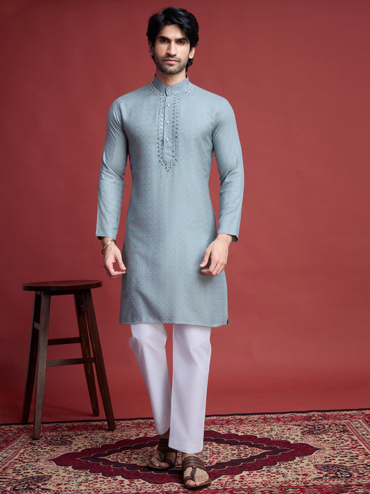 Pista color viscose mirror work kurta pajama for men online