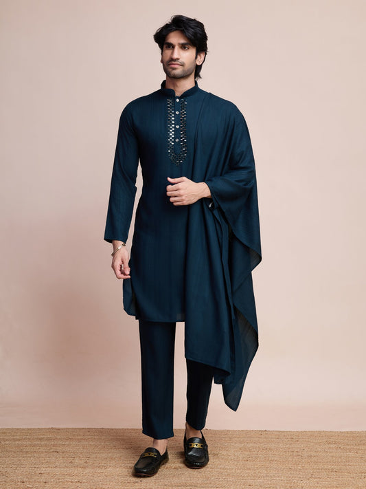 Teal blue color viscose kurta pajama with dupatta