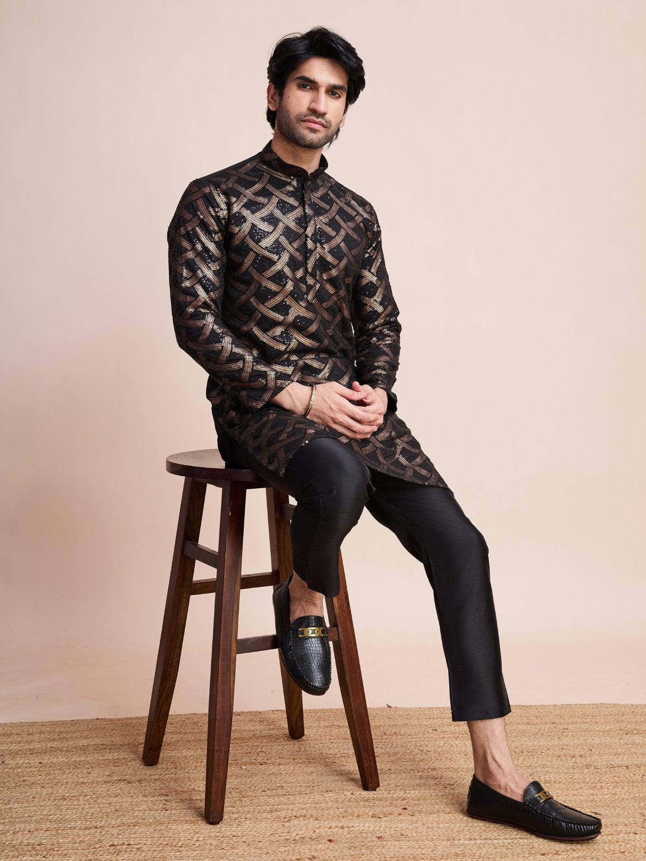 Black color silk sequins work kurta online