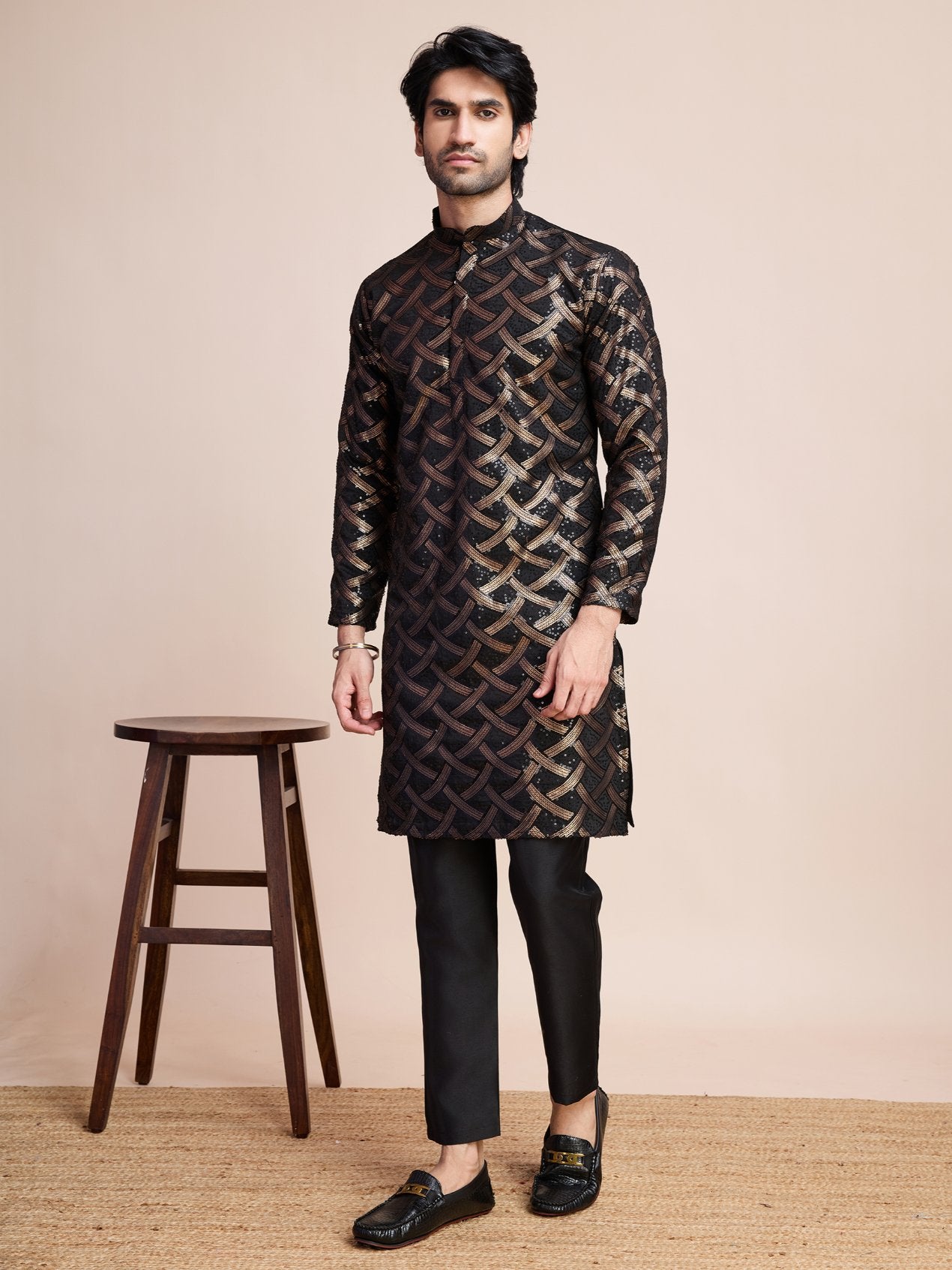 Black color silk sequins work kurta for wedding