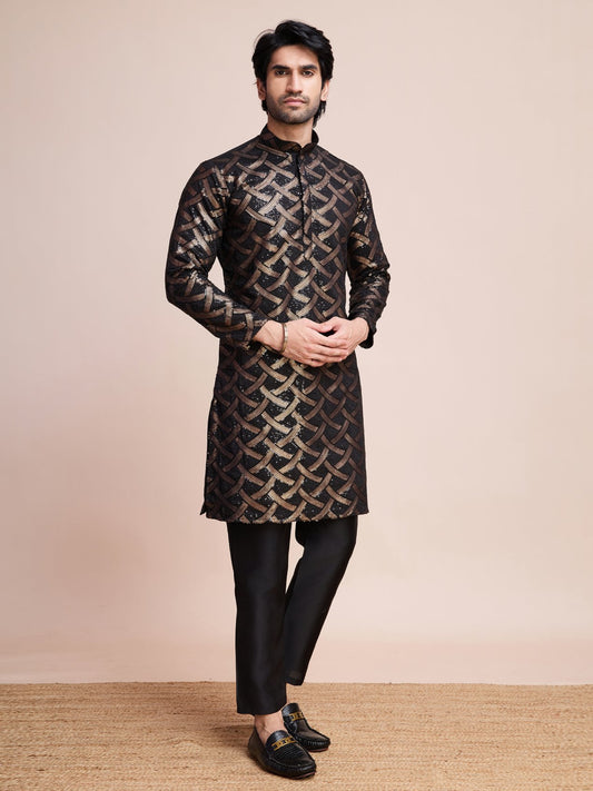 Black color silk sequins work kurta for wedding