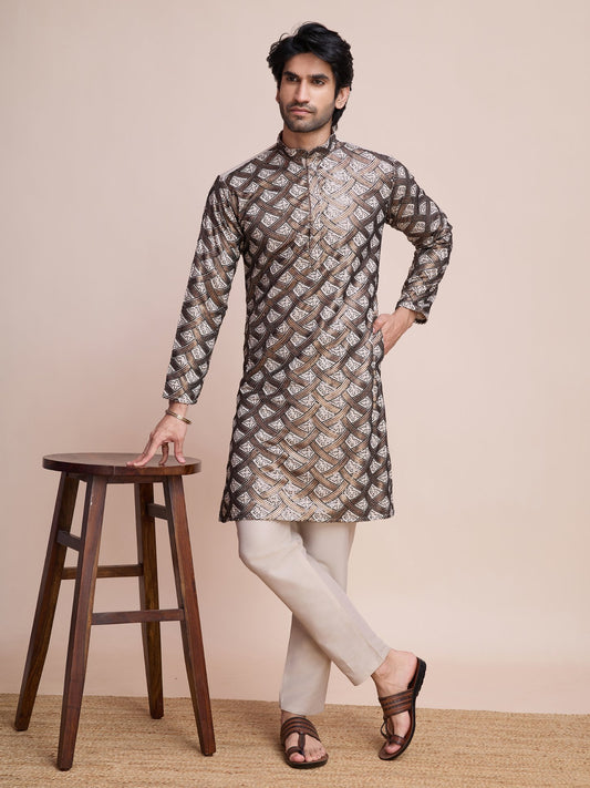 Beige color silk sequins work men's kurta price