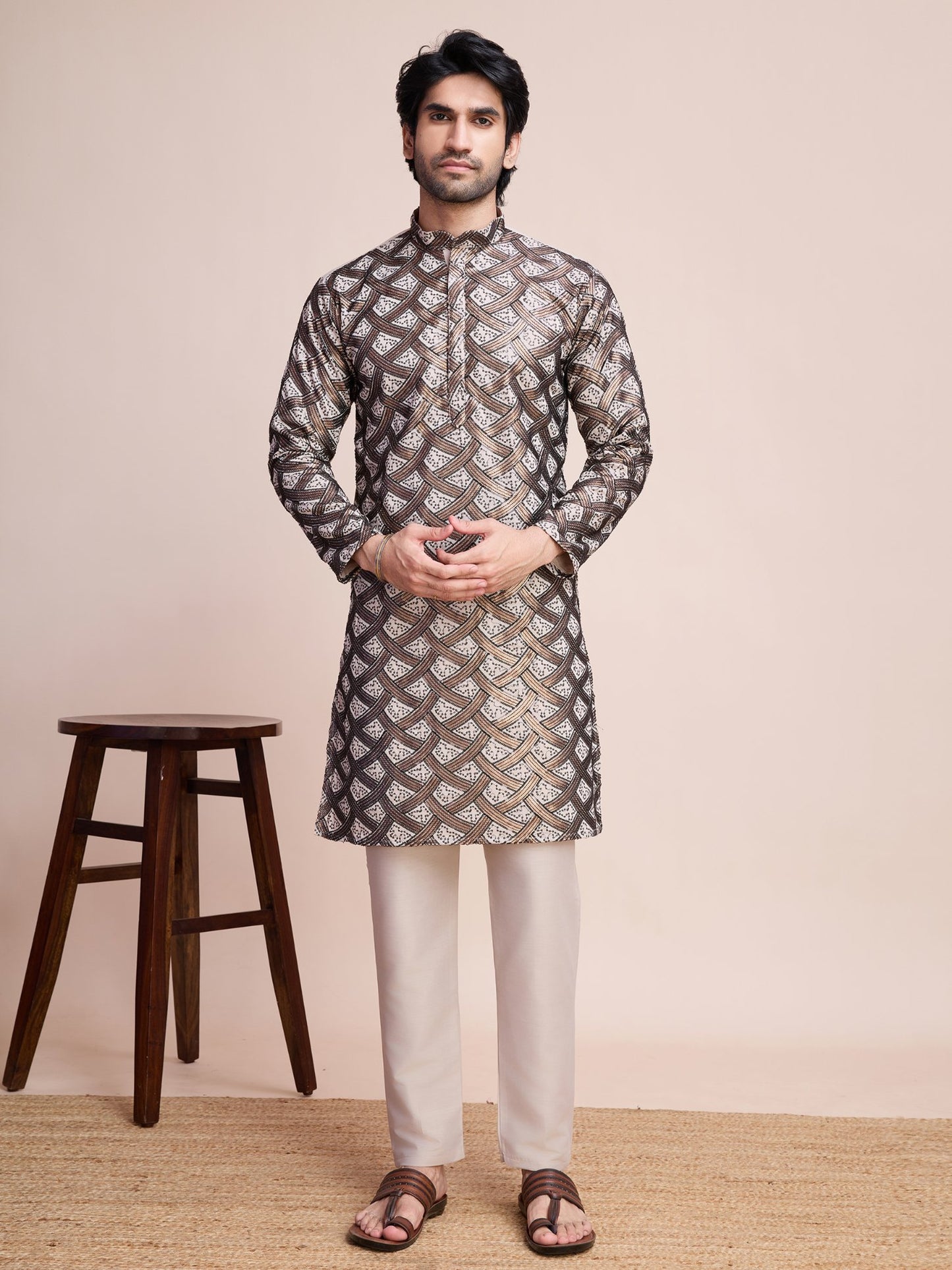 Beige color silk sequins work men's kurta for wedding