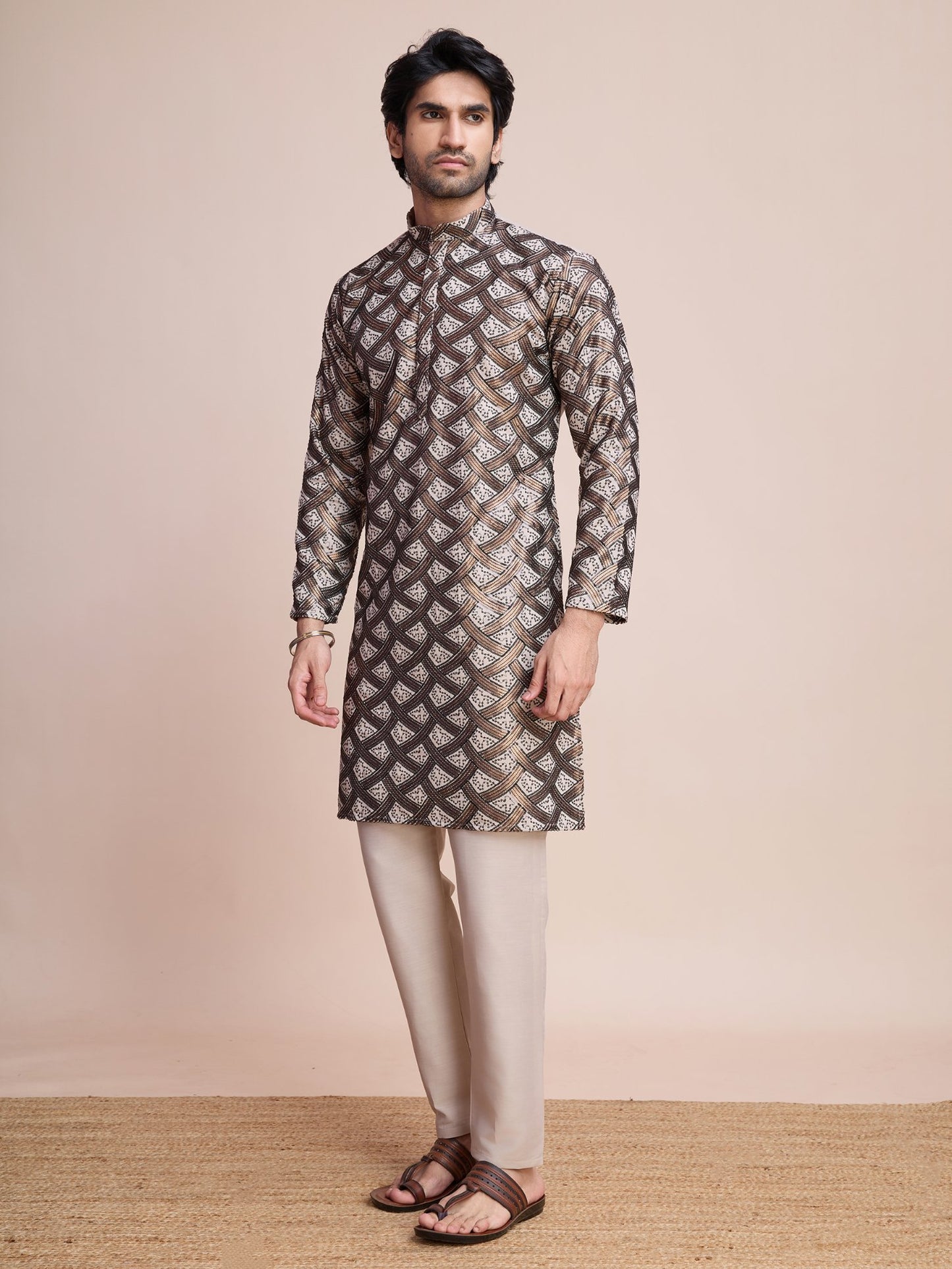 Beige color silk sequins work men's kurta online shopping