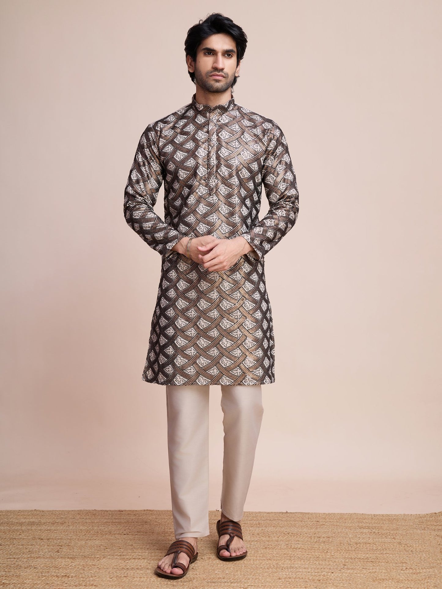 Beige color silk sequins work men's kurta images