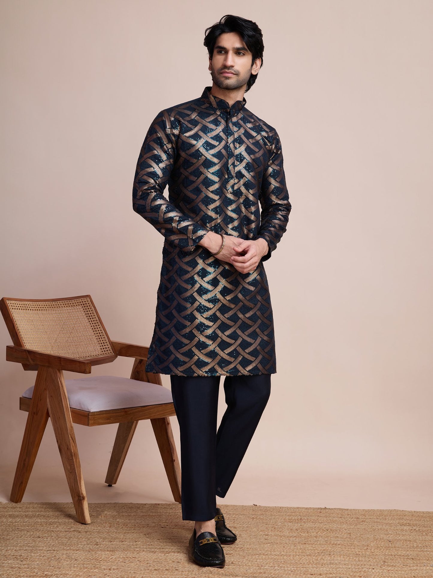 Navy Blue color silk men's kurta online shopping
