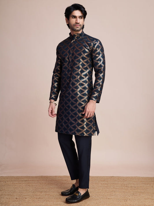 Navy Blue color silk kurta for wedding