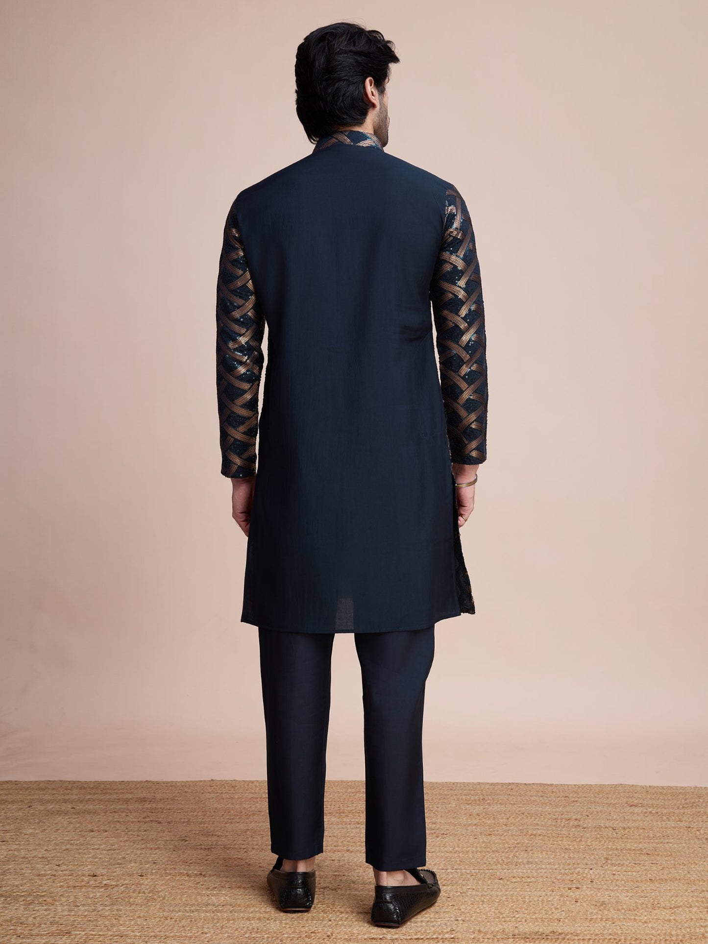 Navy Blue color silk men's readymade kurta images