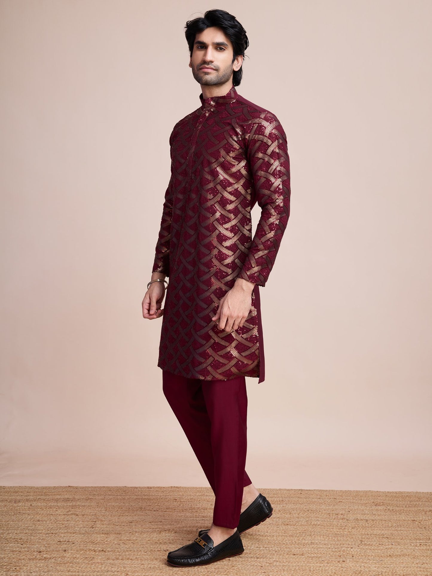 maroon sequins mens kurta